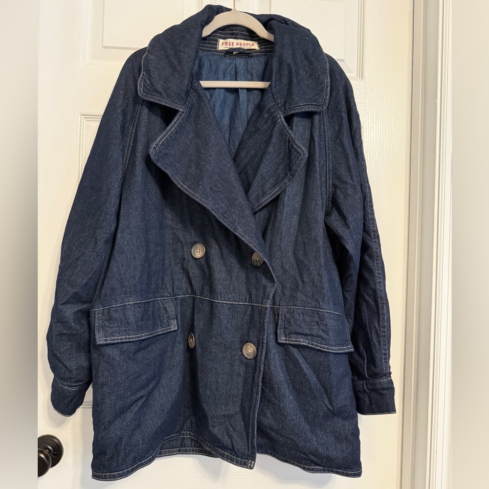 Free People Double Breasted Blue Jean Driving Jacket Relaxed Fit